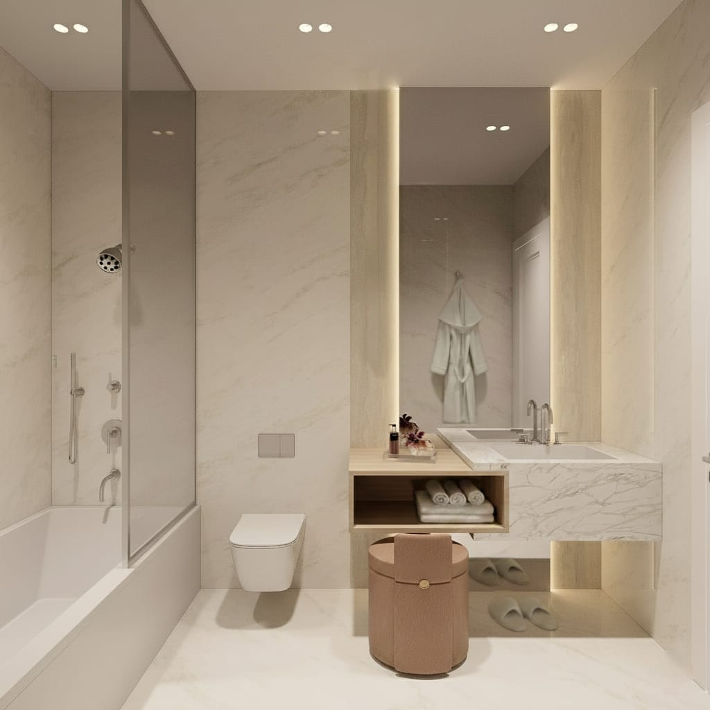 Minimal marble bathroom with warm integrated lighting