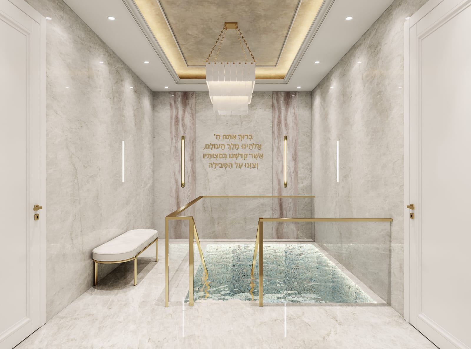 Stone pool room with brass accents