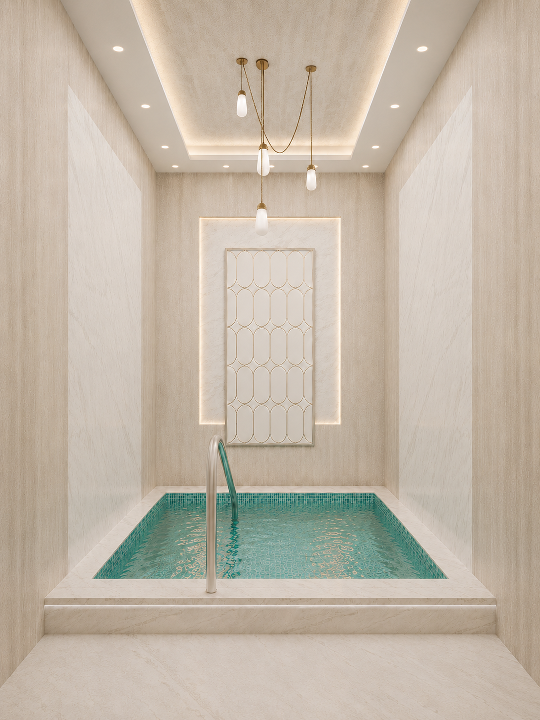 Luminous tiled pool interior with brass pendant lights