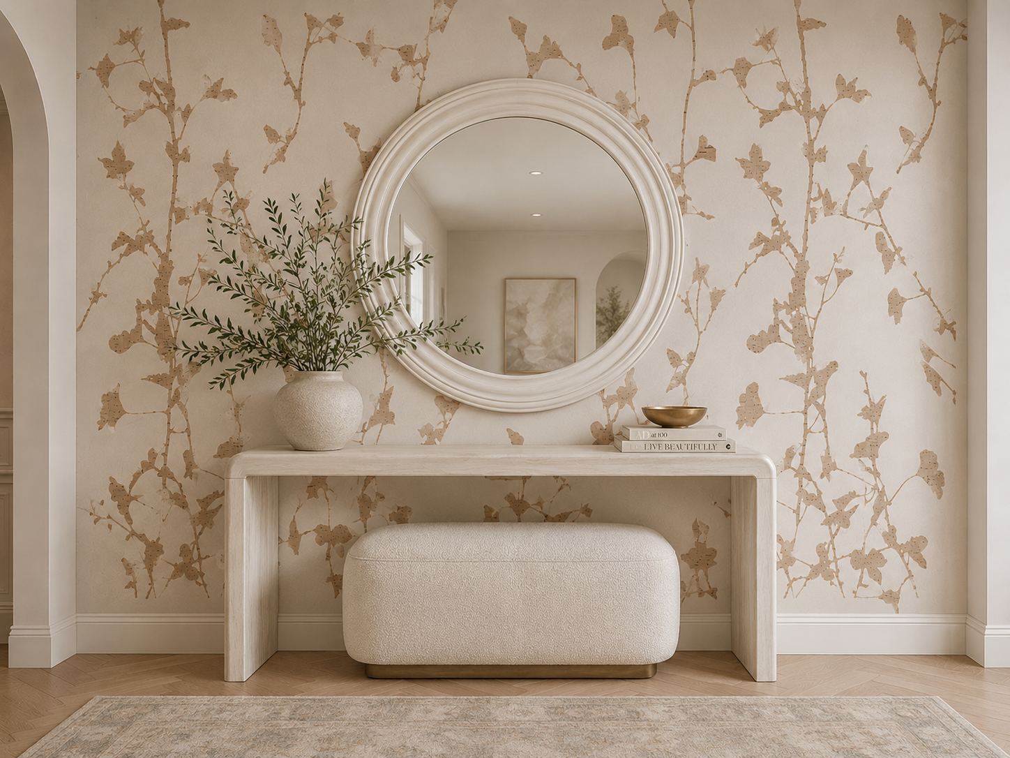 Foyer vignette with botanical wallcovering and round mirror