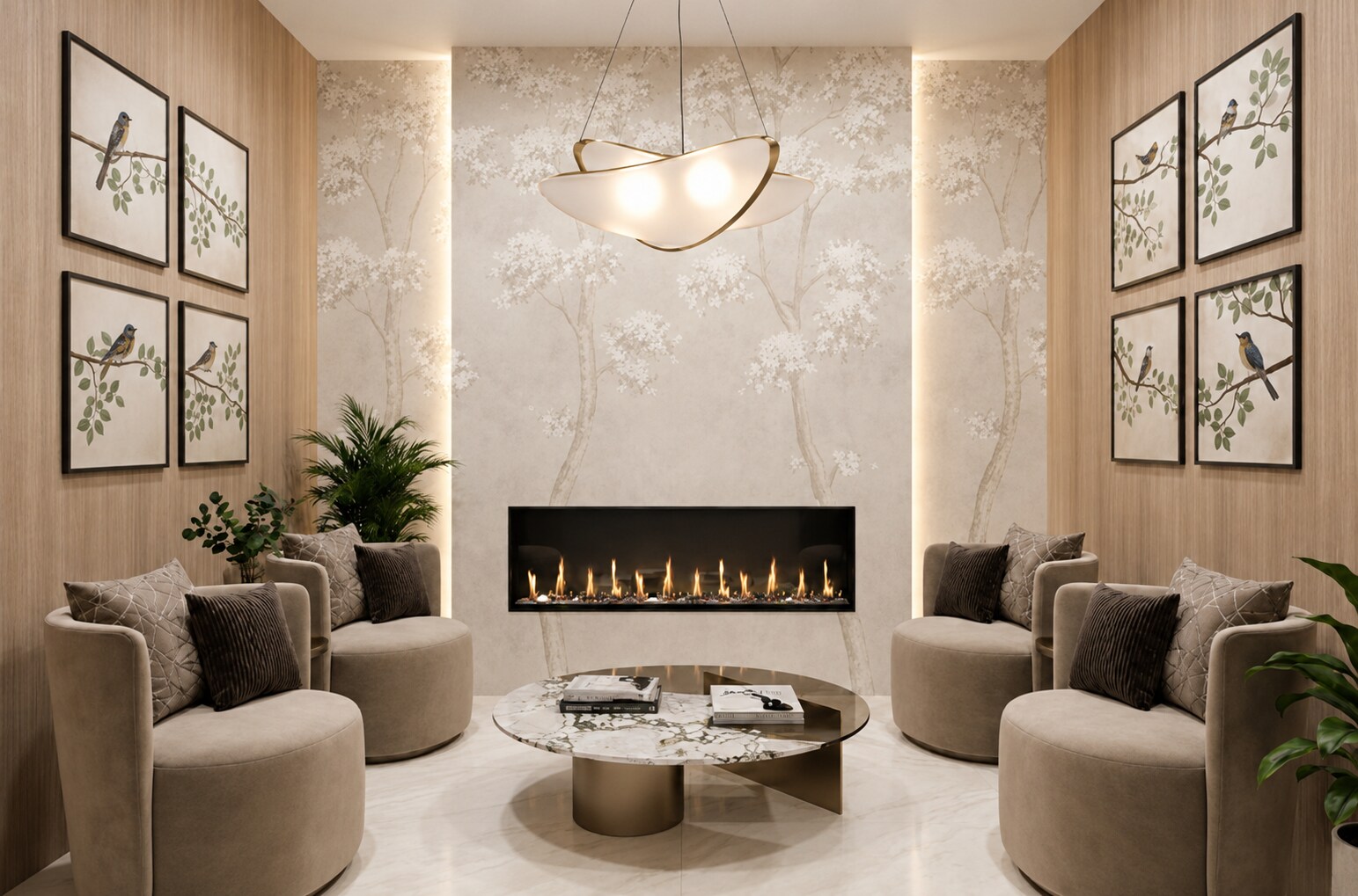 Intimate lounge with fireplace and botanical artwork