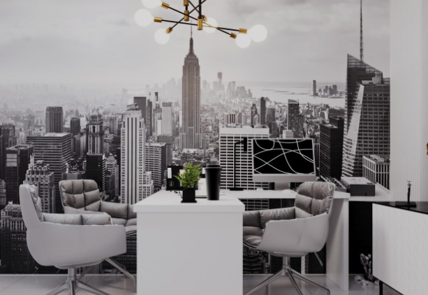 Monochrome office with panoramic New York mural