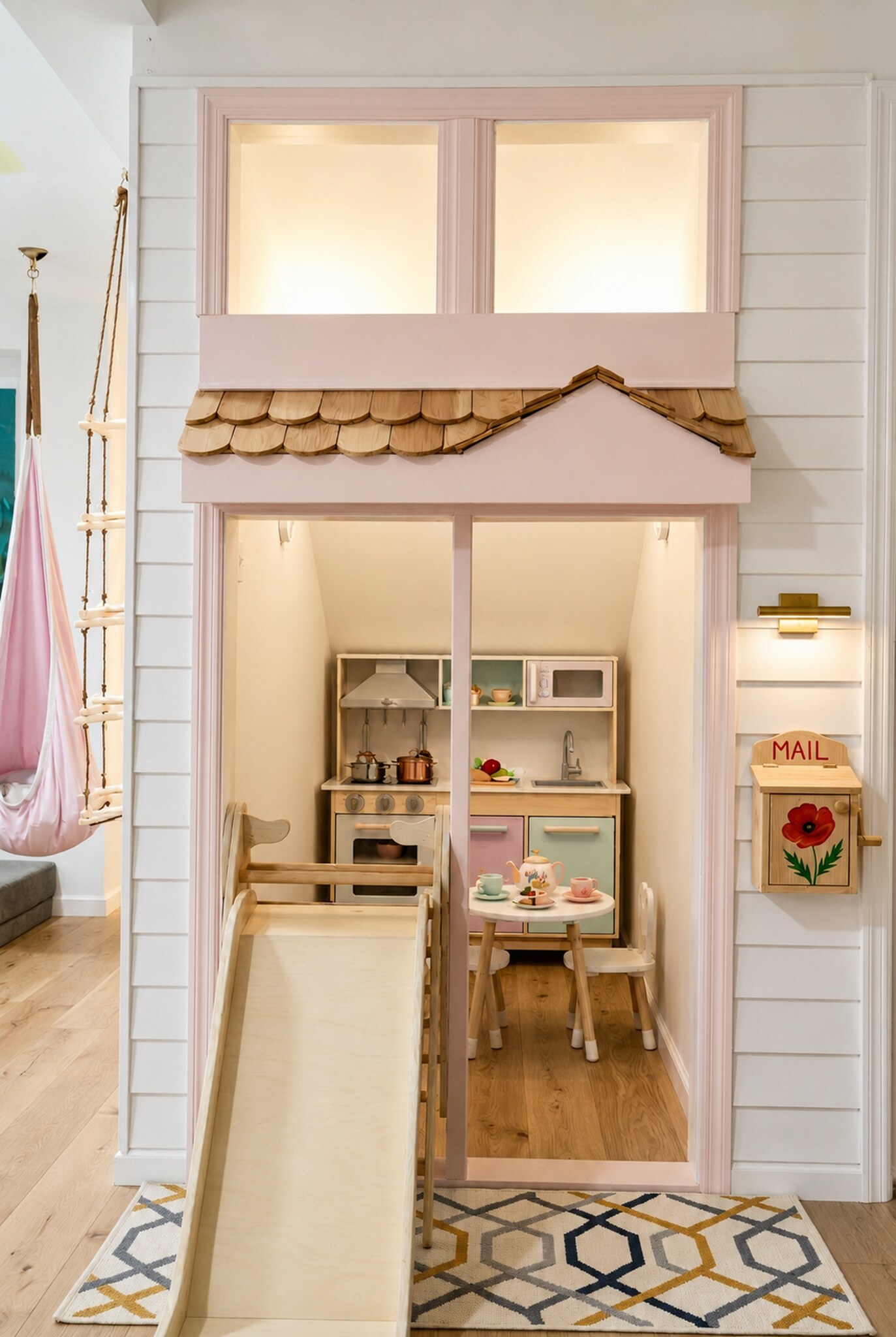 Custom children’s playhouse with slide and miniature kitchen