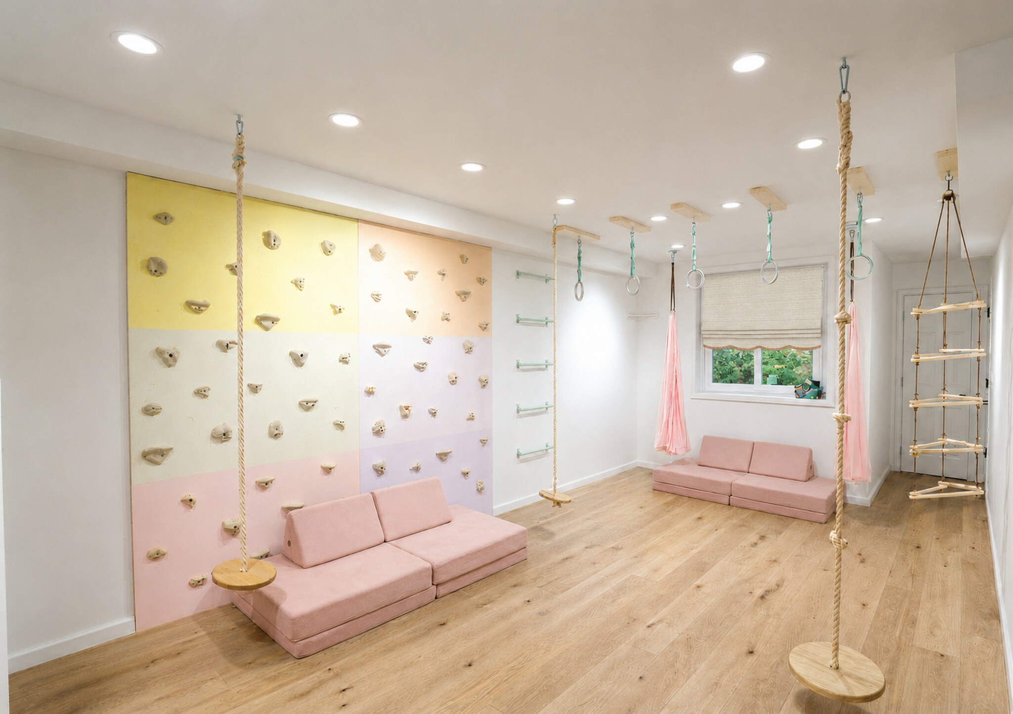 Light-filled children’s activity room with climbing wall and swings